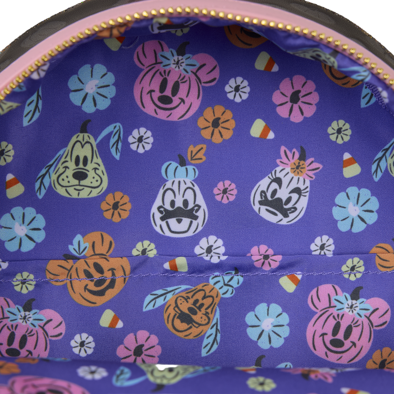 Close-up of a colorful backpack interior with Disney-themed character patterns on a purple background.