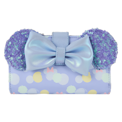 Purple wallet with sequin ears and a bow on a white background