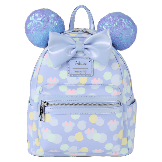 Light blue backpack with Disney logo, bow, and sequin ears on a white background