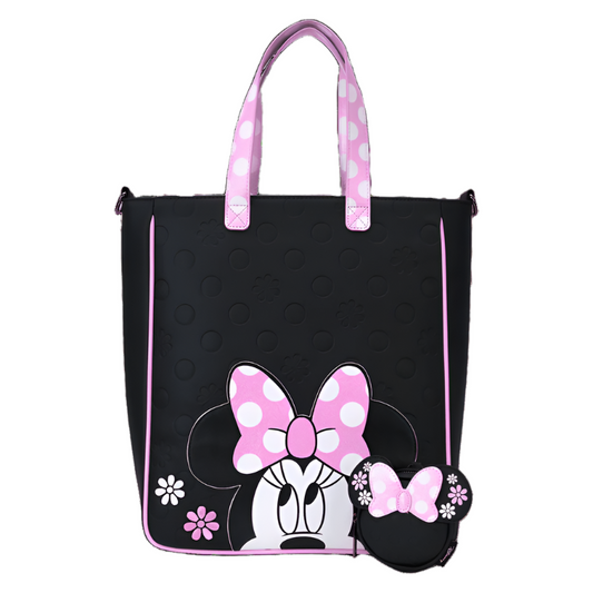 Black tote bag with pink polka dot handles and Minnie Mouse face design on a white background