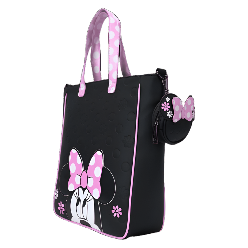 Black tote bag with pink bow design and matching pouch on a white background