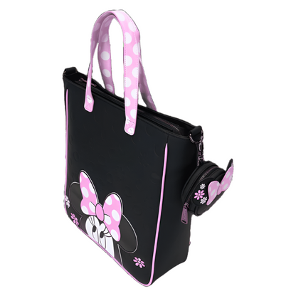 Black handbag with pink accents and a character design on a white background