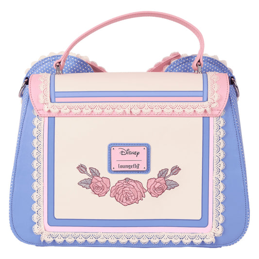 Minnie Mouse crossbody bag  with floral design and Disney Loungefly logo on a white background