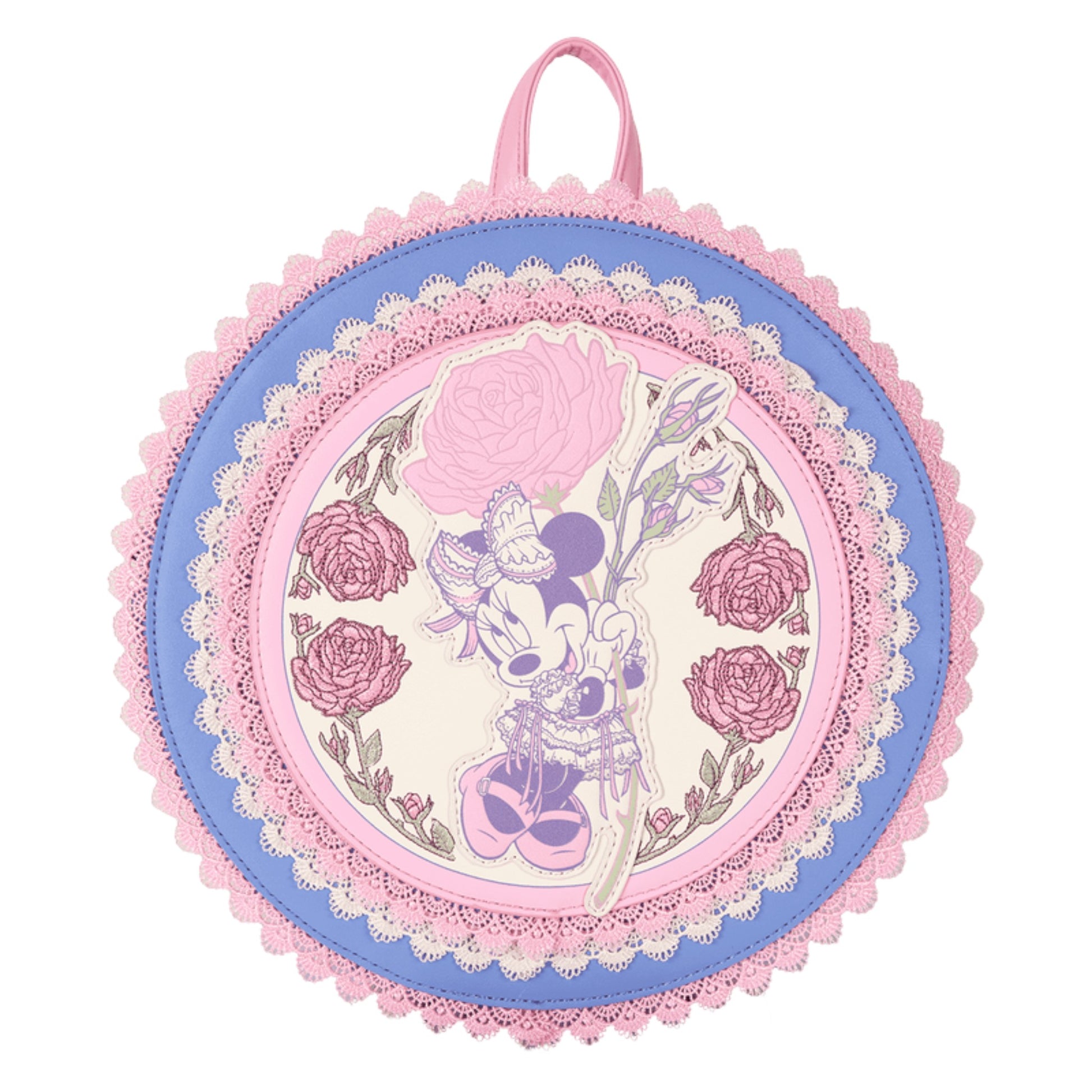 Decorative round crossbody bag with minnie mouse and floral design on a white background