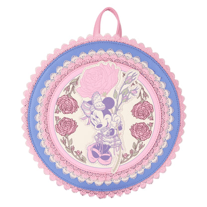Decorative round crossbody bag with minnie mouse and floral design on a white background