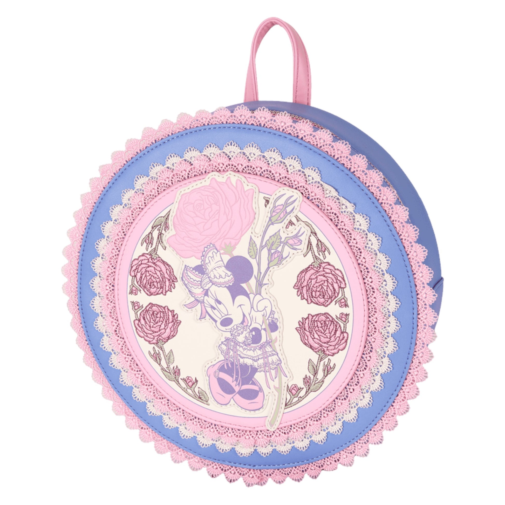 Circular crossbody bag with floral design and minnie mouse character on a white background