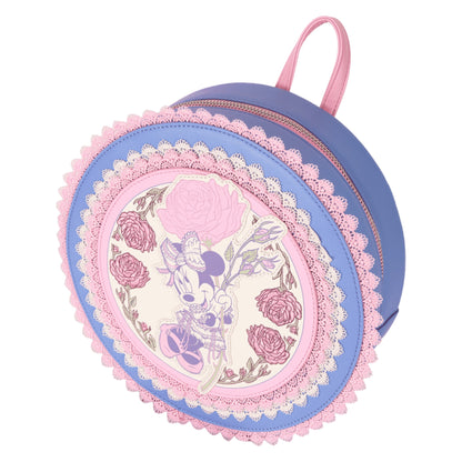 Round crossbody bag with floral design and minnie mouse character on a white background