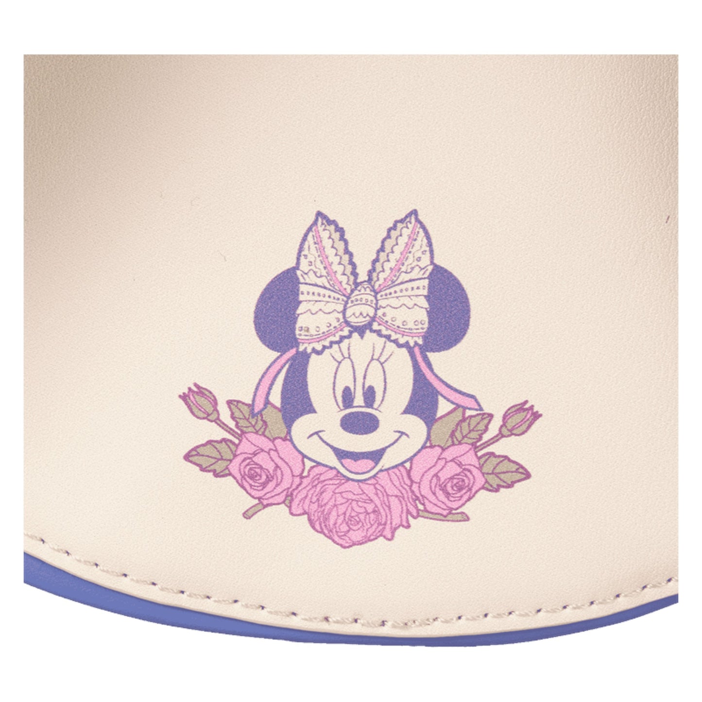 crossbody bag with Minnie Mouse design featuring a bow and flowers on a beige background