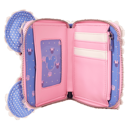 Pink and blue wallet with Minnie Mouse design on a white background