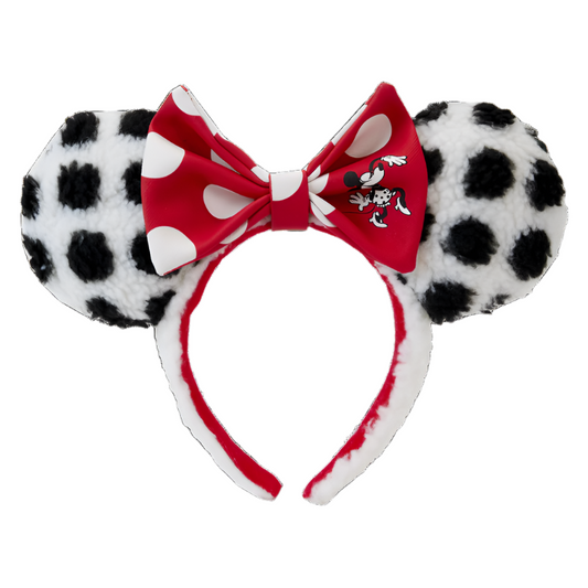 Sherpa headband with polka dot Minnie Mouse ears and a red bow featuring Minnie Mouse on a white background.