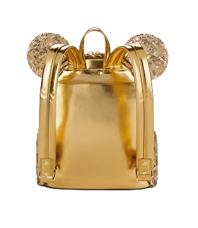 Gold backpack with sparkling ears on a white background