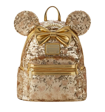 Gold sequin backpack with mouse ears and a bow on a white background