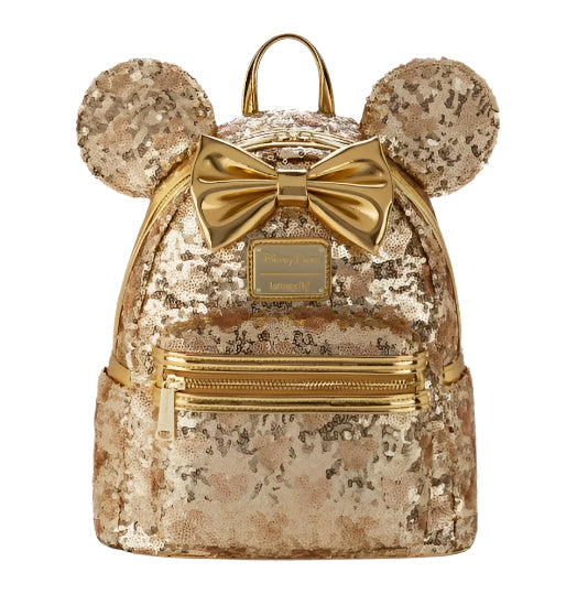 Gold sequin backpack with mouse ears and a bow on a white background