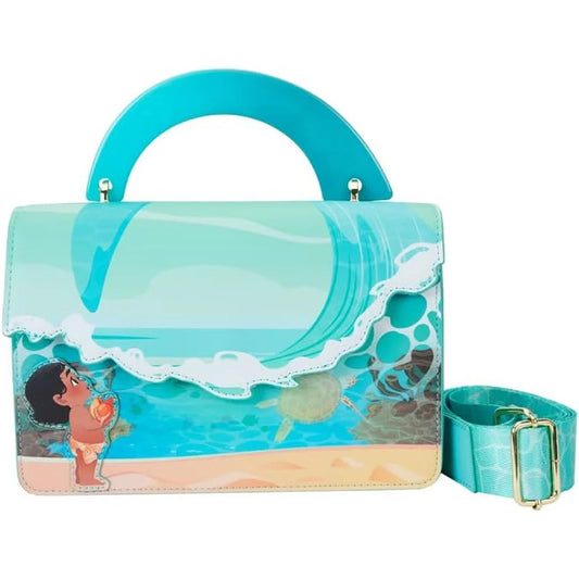 Handbag with ocean-themed design featuring baby Moana and turtle, on a white background