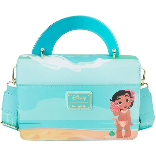 Light blue handbag with baby Moana and Disney logo on a white background