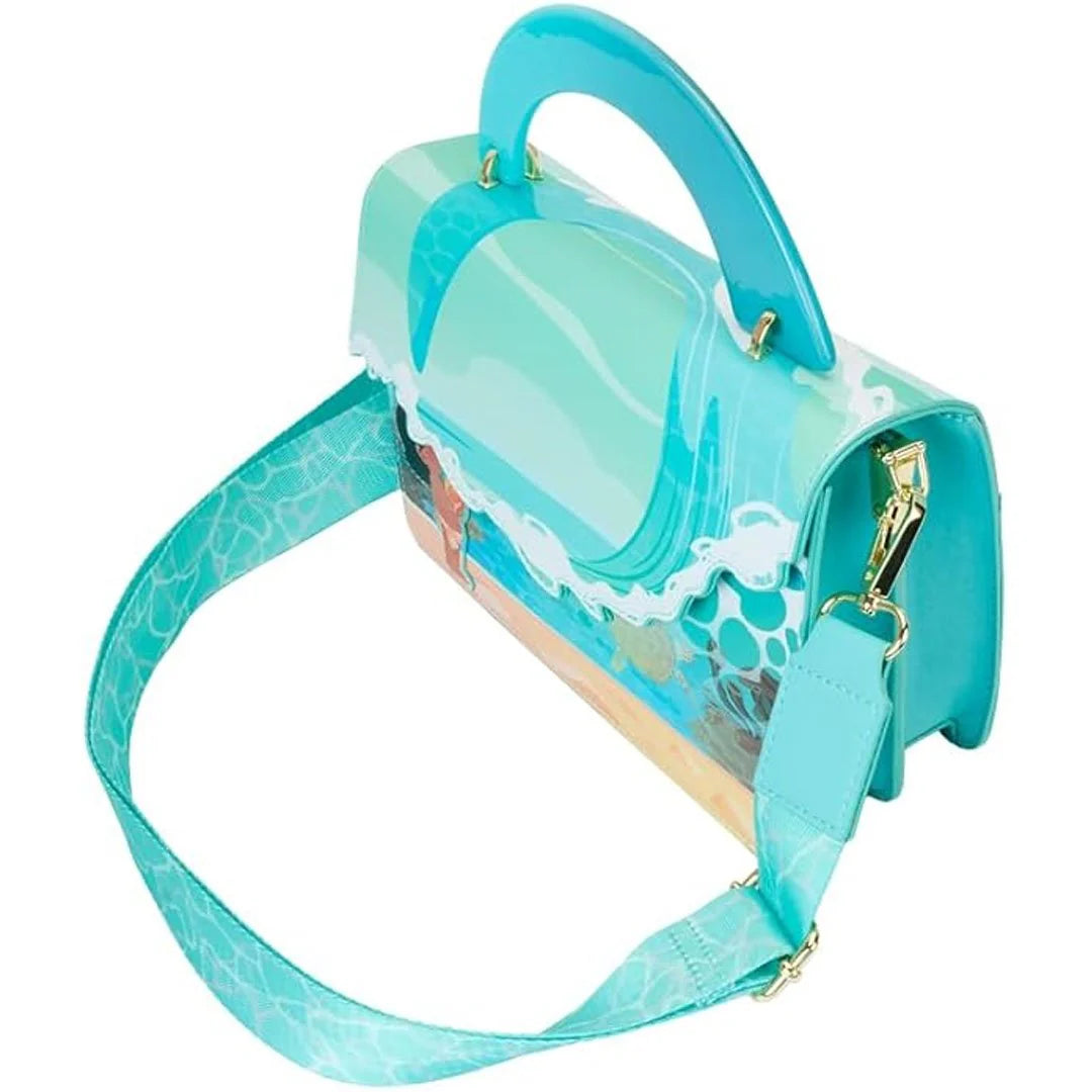 Turquoise handbag with a strap on a white background