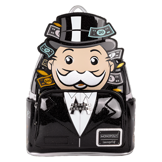 Front view of the Monopoly 90th Anniversary Pennybags Glitter Cosplay mini backpack  with Monopoly character design on a white background