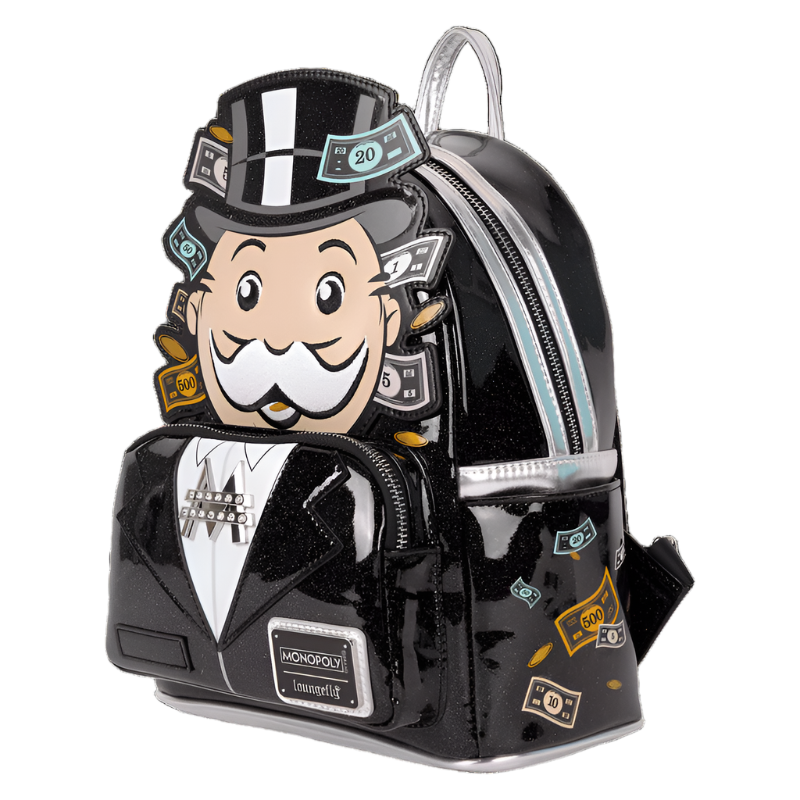 Side view of the Monopoly 90th Anniversary Pennybags Glitter Cosplay mini backpack with Monopoly-themed design featuring Monopoly  character in a top hat and tuxedo.