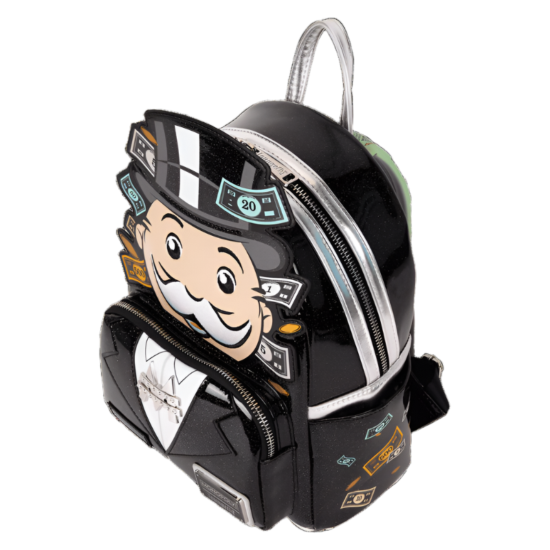 Side view of the Monopoly 90th Anniversary Pennybags Glitter Cosplay mini backpack with Monopoly-themed design featuring Monopoly  character in a top hat and tuxedo.