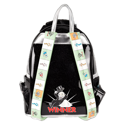 Back view of the Monopoly 90th Anniversary Pennybags Glitter Cosplay mini backpack with Monopoly-themed straps the Monopoly character, and the text 'Winner' on a white background
