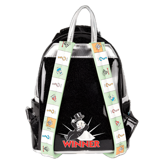 Back view of the Monopoly 90th Anniversary Pennybags Glitter Cosplay mini backpack with Monopoly-themed straps the Monopoly character, and the text 'Winner' on a white background