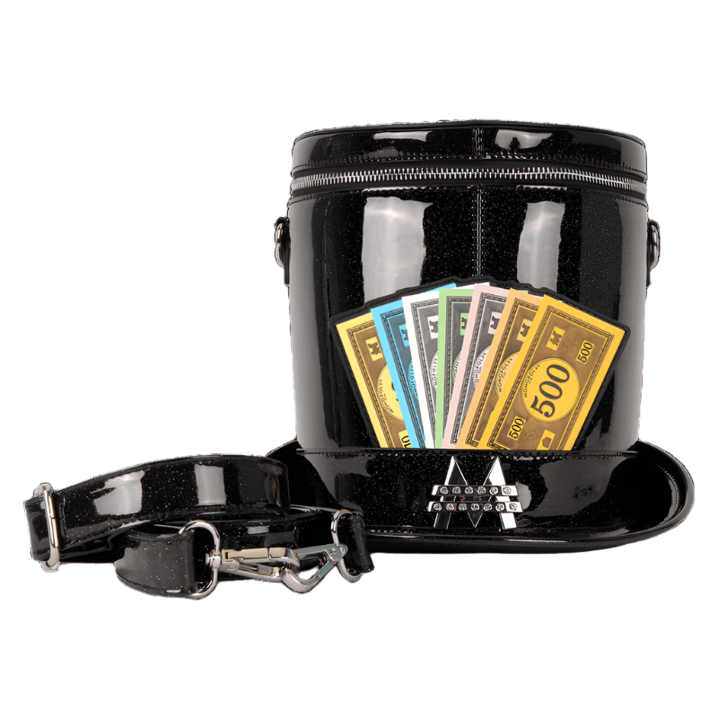 Front view of the Figural Crossbody Bag containing monopoly dollar bills on a white background