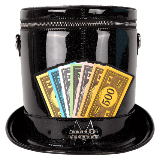 Front view of Figural Crossbody Bag is a Black top hat filled with colorful dollar bills on a white background