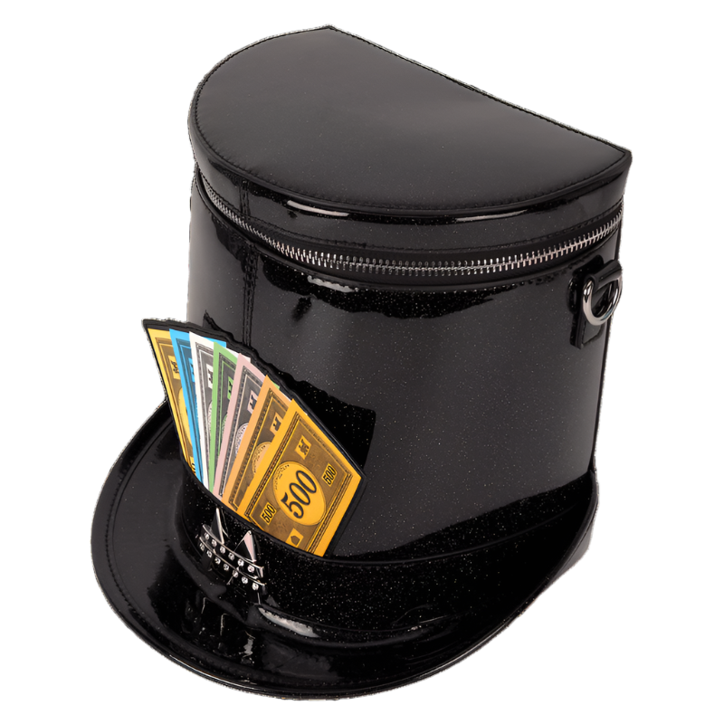 Side and top view of the Figural Crossbody Bag with gold and blue dollar bills sticking out of it on a white background