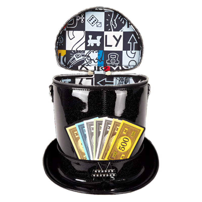 Front view of the Figural Crossbody Bag  with the top open showing the inside pattern of money and a patterned pouch on a white background