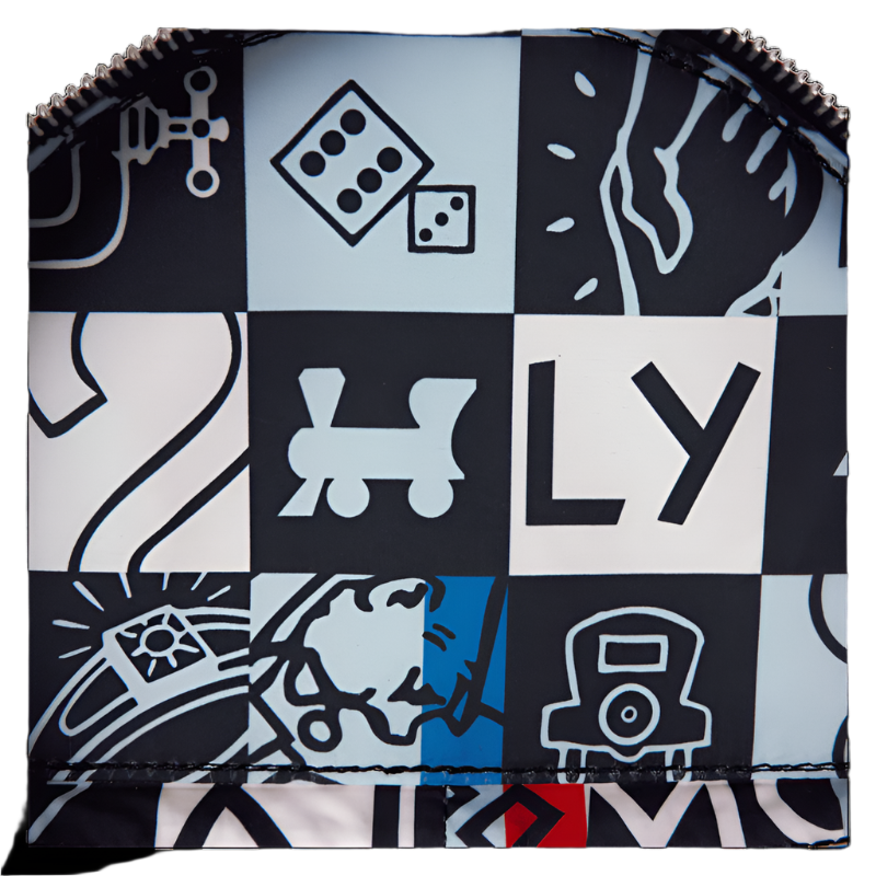 Inside view of the Figural Crossbody Bag showing patterned product with various symbols and text on a white background