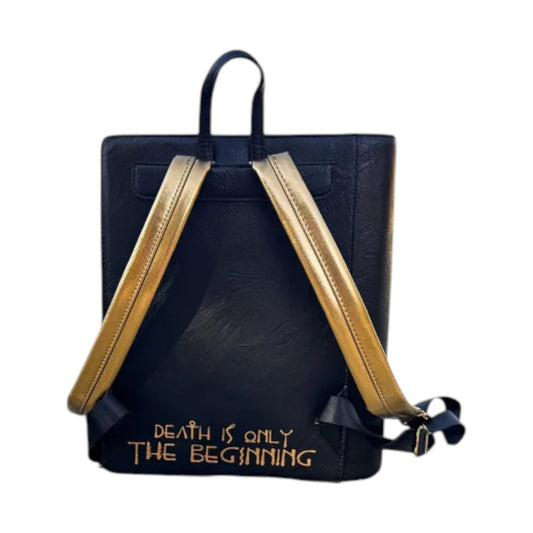 Black backpack with gold straps and text 'DEATH IS ONLY THE BEGINNING' on a white background