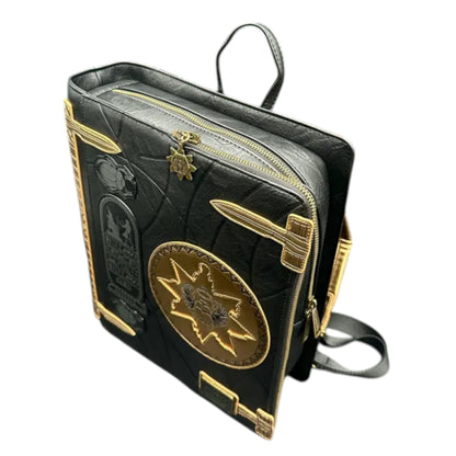 Black and gold backpack with embossed designs on a white background
