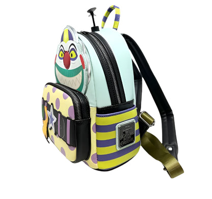 Colorful backpack with The Nightmare Before Christmas clown design on a white background