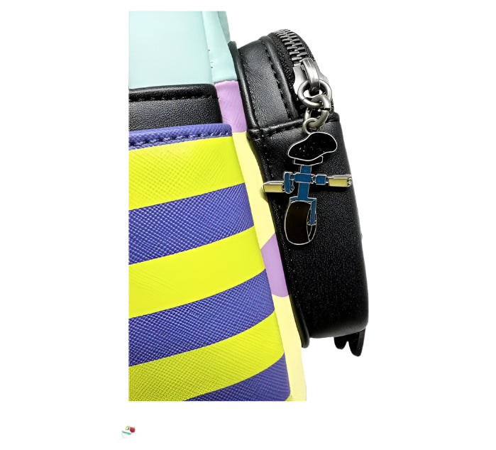 Colorful striped front zippered compartment with a black zipper and blue unicycle charm on a white background.