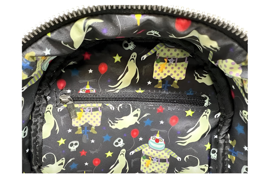 Backpack with a colorful pattern of The Nightmare Before Christmas Clown and other design elements on a white background