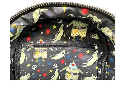 Backpack with a colorful pattern of The Nightmare Before Christmas Clown and other design elements on a white background