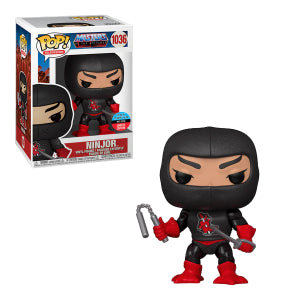 Funko Pop! Ninjor figure holding num-chuks in one hand and a sword in the other with packaging on a white background