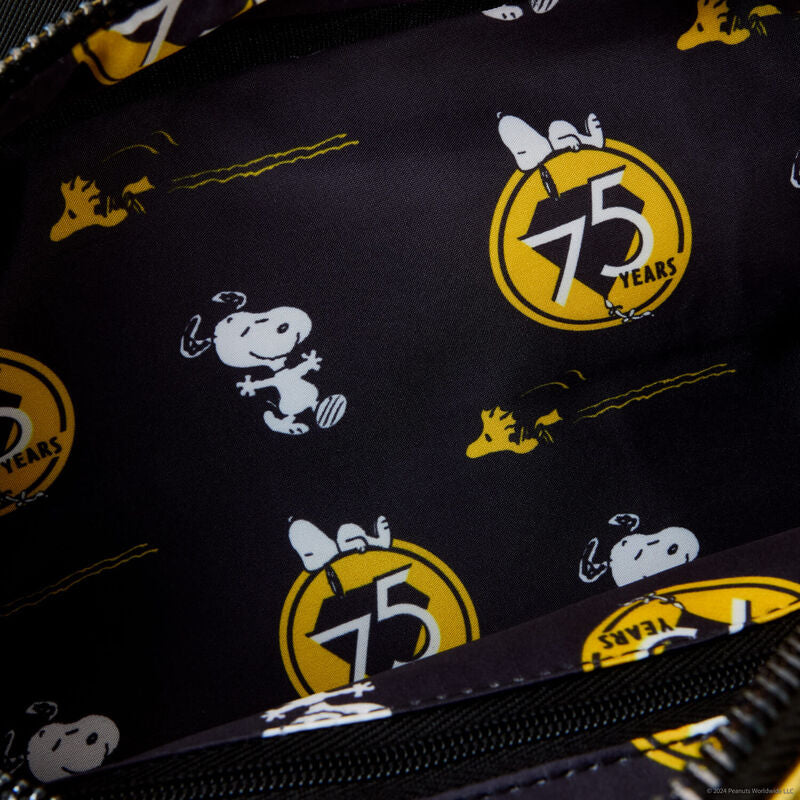 Interior lining with Snoopy and Woodstock designs and '75 Years' logo.