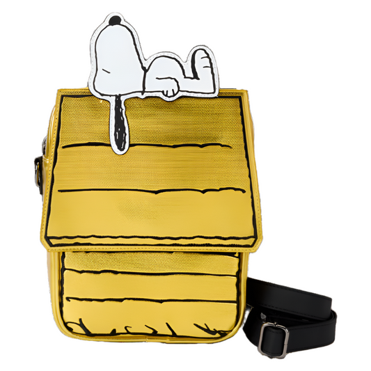 Gold metallic bag with Snoopy laying on his dog house design on a white background