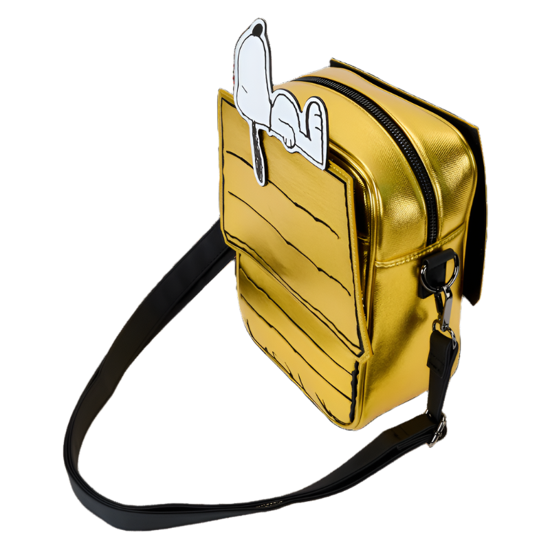 Gold metallic crossbody bag with Snoopy laying on his dog house on a white background