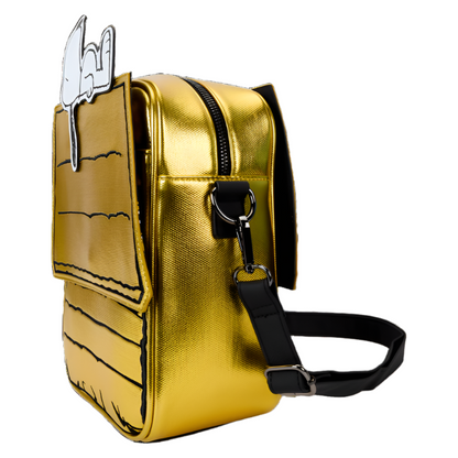 Gold metallic crossbody bag with black accents on a white background