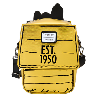 Gold metallic bag with black text and a Peanuts Loungefly label on a white background