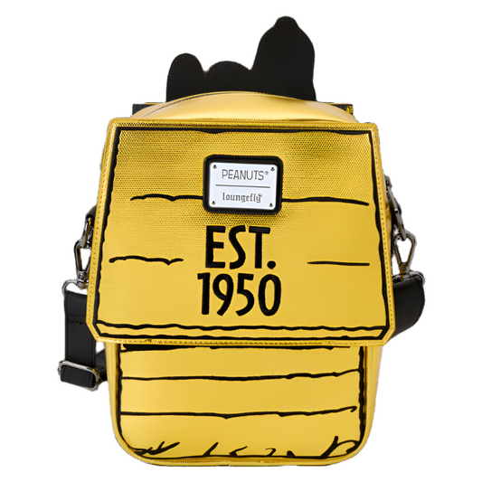 Gold metallic bag with black text and a Peanuts Loungefly label on a white background
