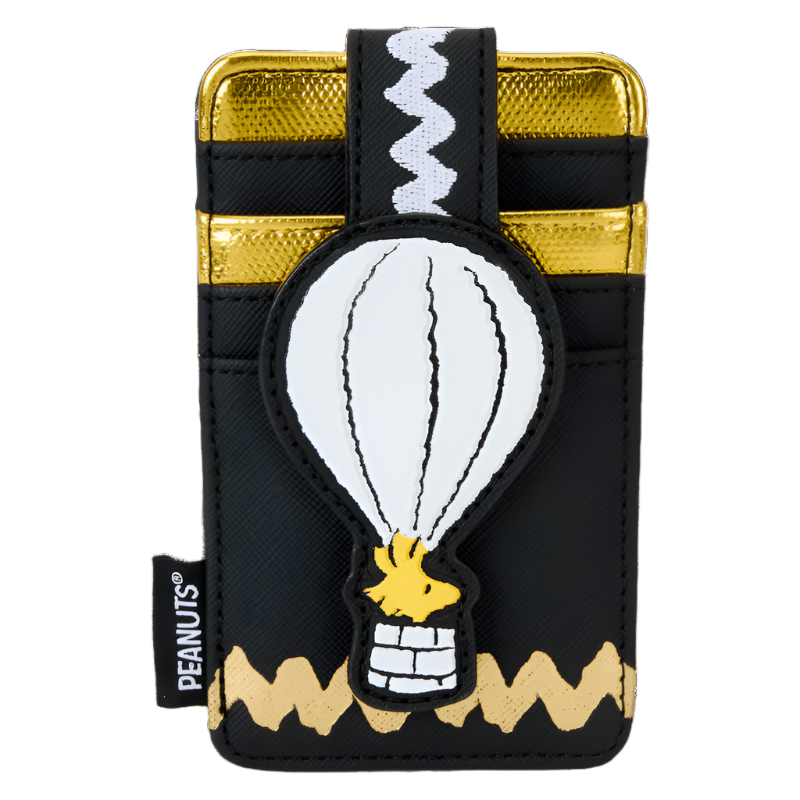 Cardholder wallet with Woodstock from the Peanuts sitting in a hot air balloon design on a white background