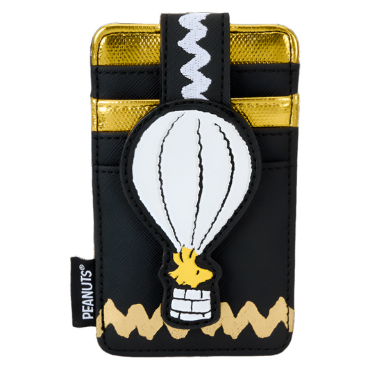 Cardholder wallet with Woodstock from the Peanuts sitting in a hot air balloon design on a white background