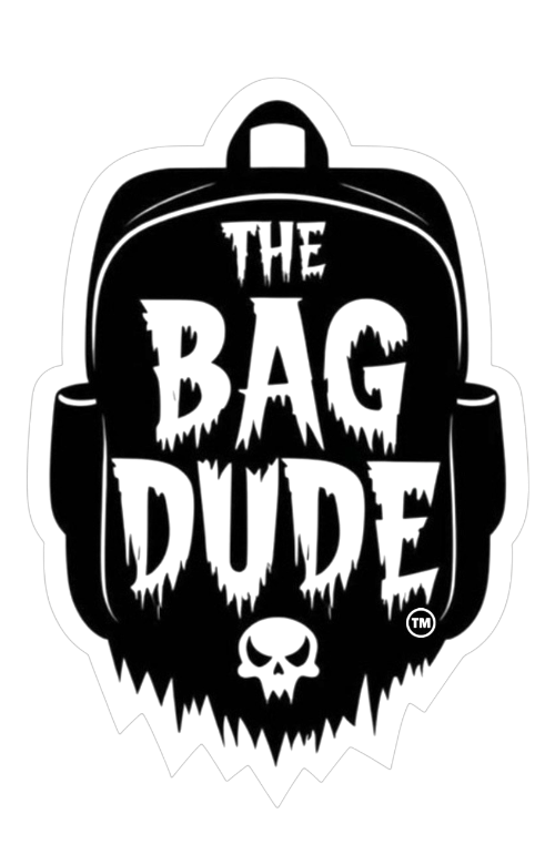 Backpack with 'The Bag Dude' logo on a white background