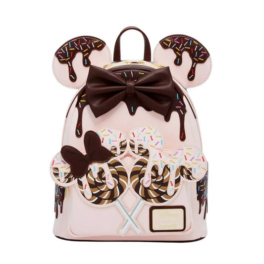 Backpack with lollipop and bow design on a white background