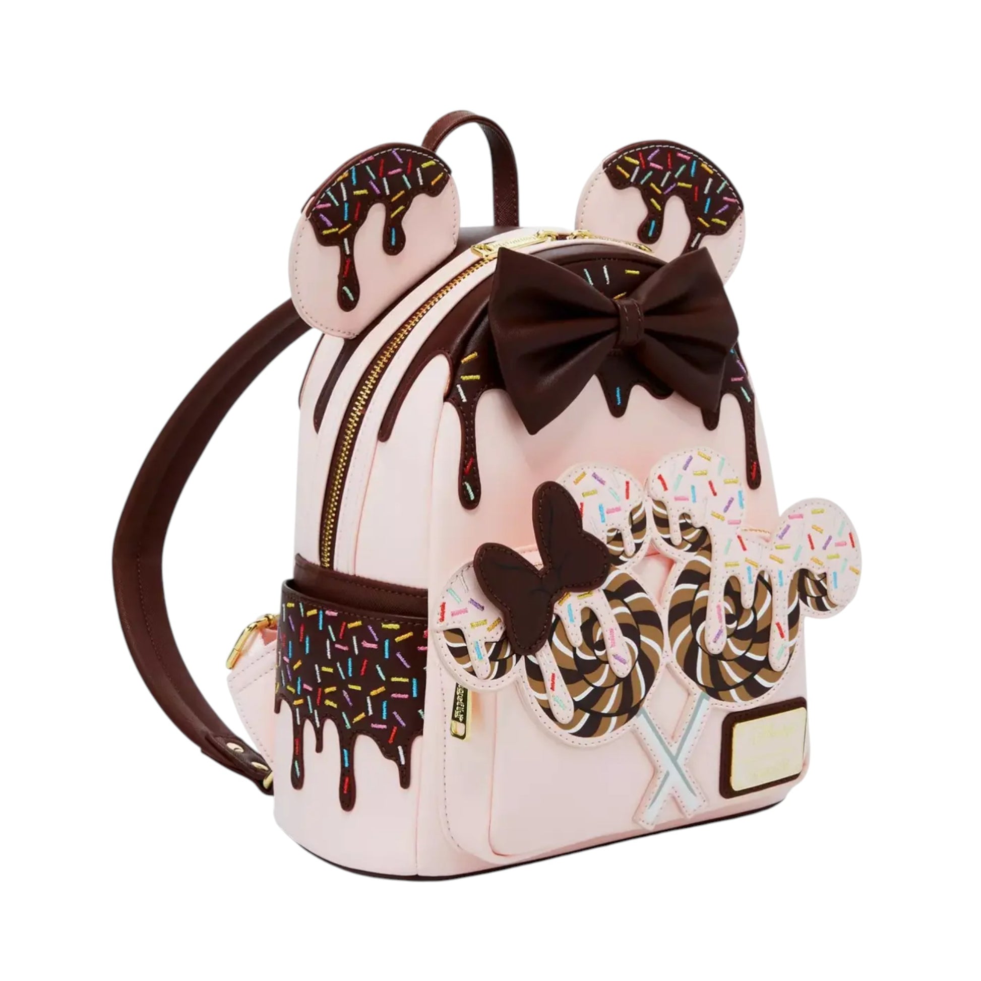 Backpack with lollipop and bow design on a white background