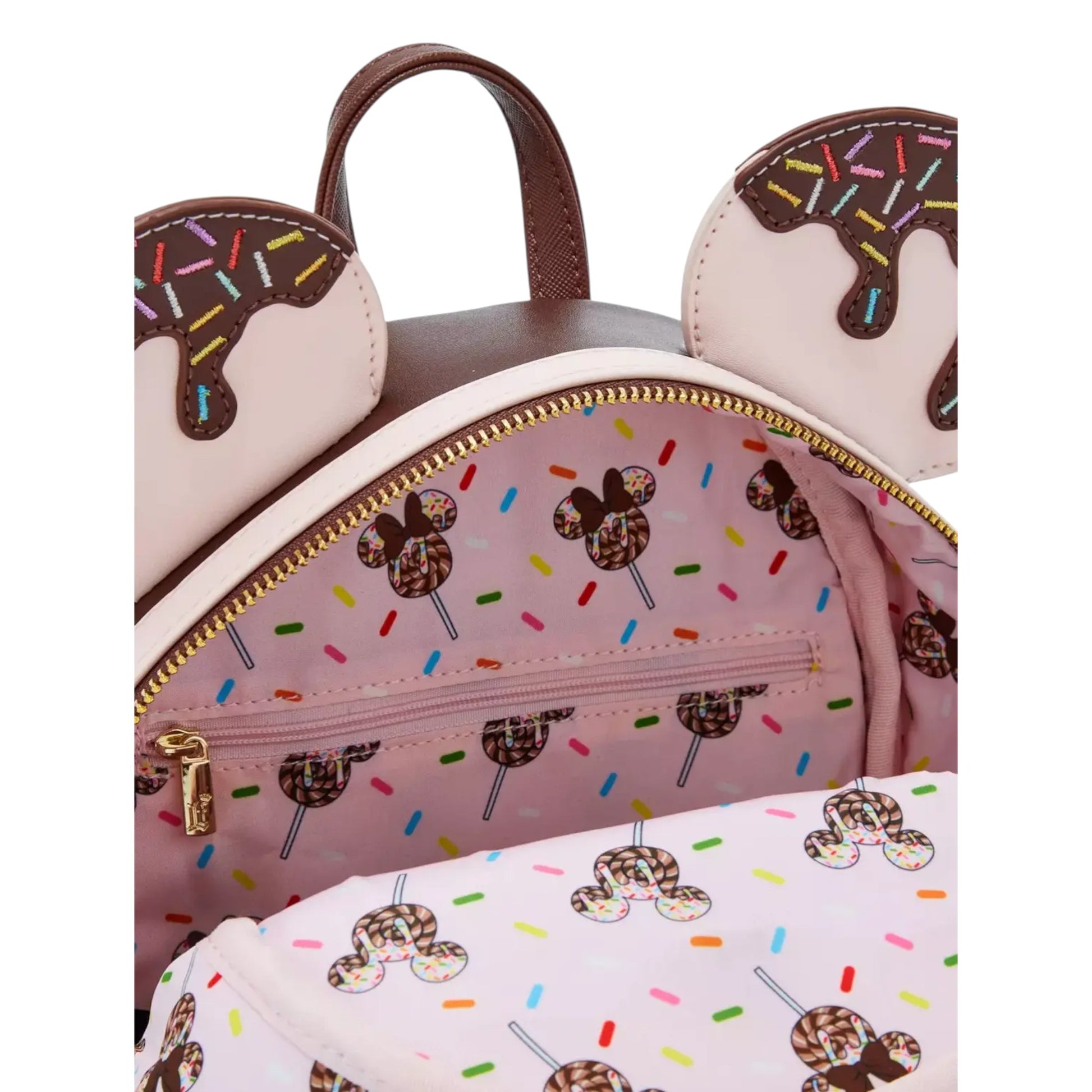 Mini backpack with Minnie Mouse lollipop design and sprinkles on a white background