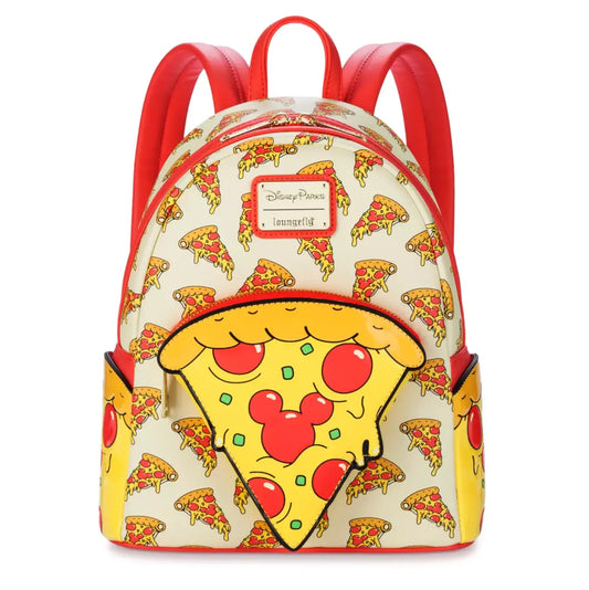 Backpack with pizza slice design and Disney Parks Loungefly logo on a white background